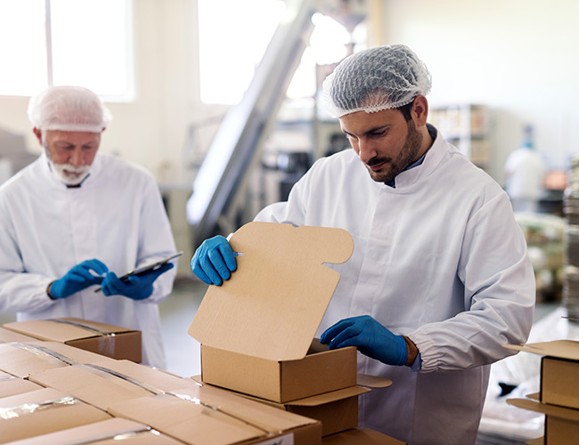 Dairy worker packaging product in a box