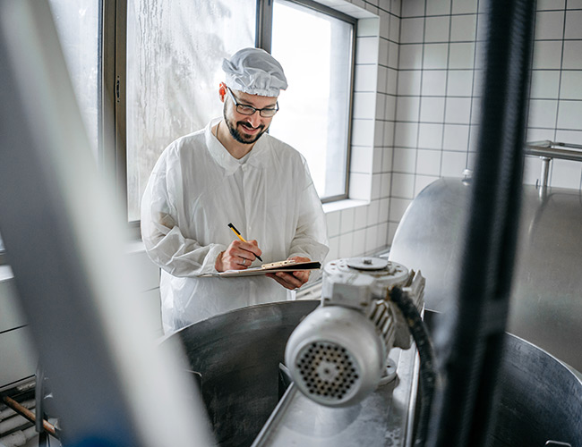 Dairy factory worker writing down machine results