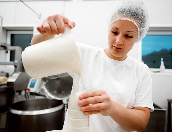 Woman in dairy factory pouring milk