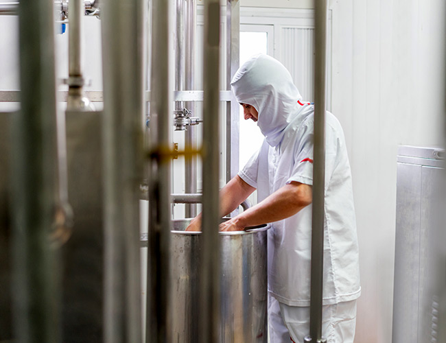 Dairy worker cleaning pot